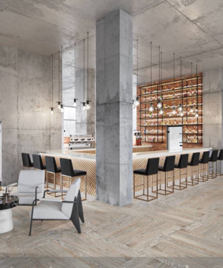 A rendering of a restaurant with a bar and chairs