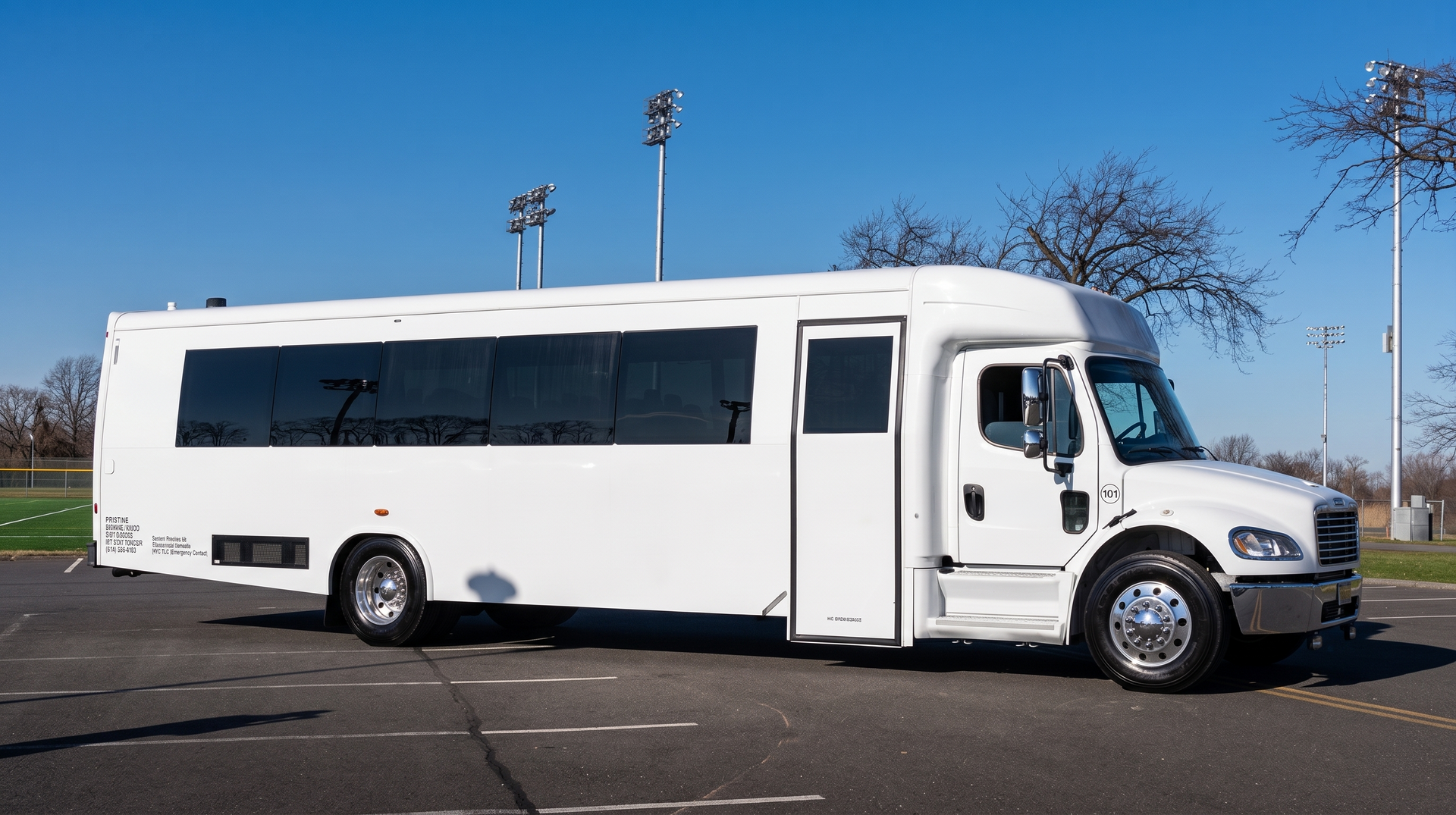 A plain white, medium-duty passenger shuttle bus parked on an asphalt lot in front of a building.