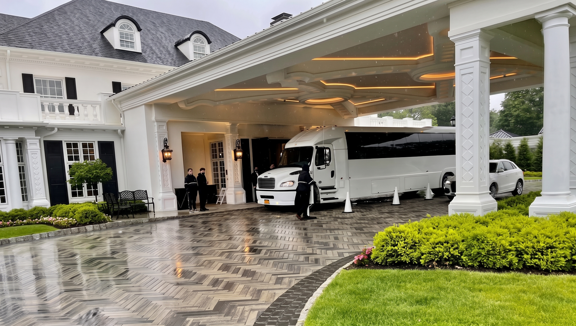 A white passenger bus parked under the porte-cochère of a white building entrance on a rainy day, with people standing by.