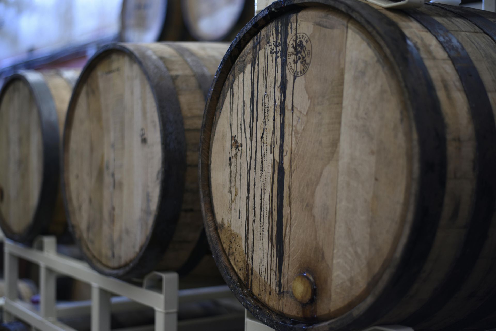 A row of wooden barrels are lined up on a rack in a wine cellar.