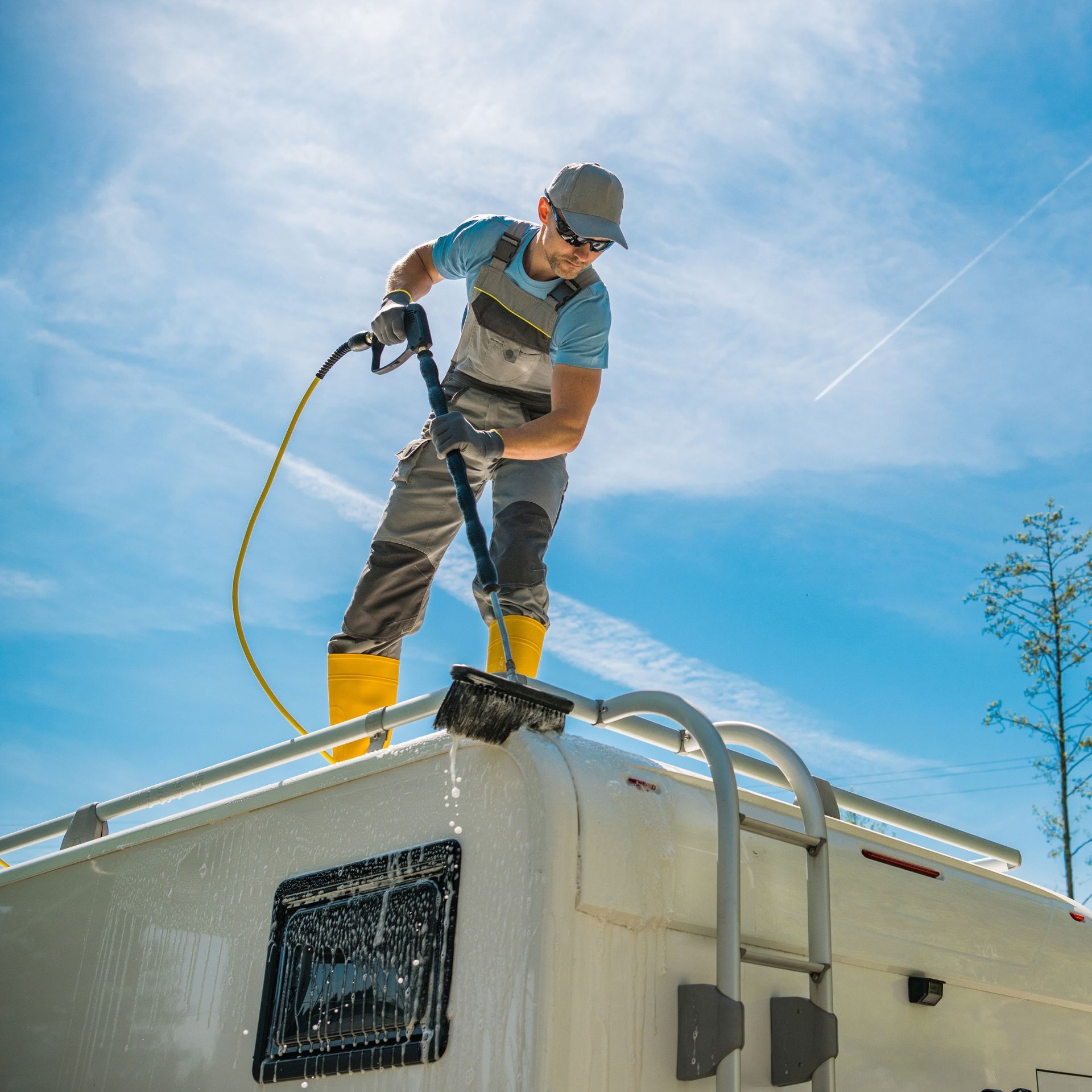 Noble Washing LLC | A man is standing on the roof of a camper with a hose