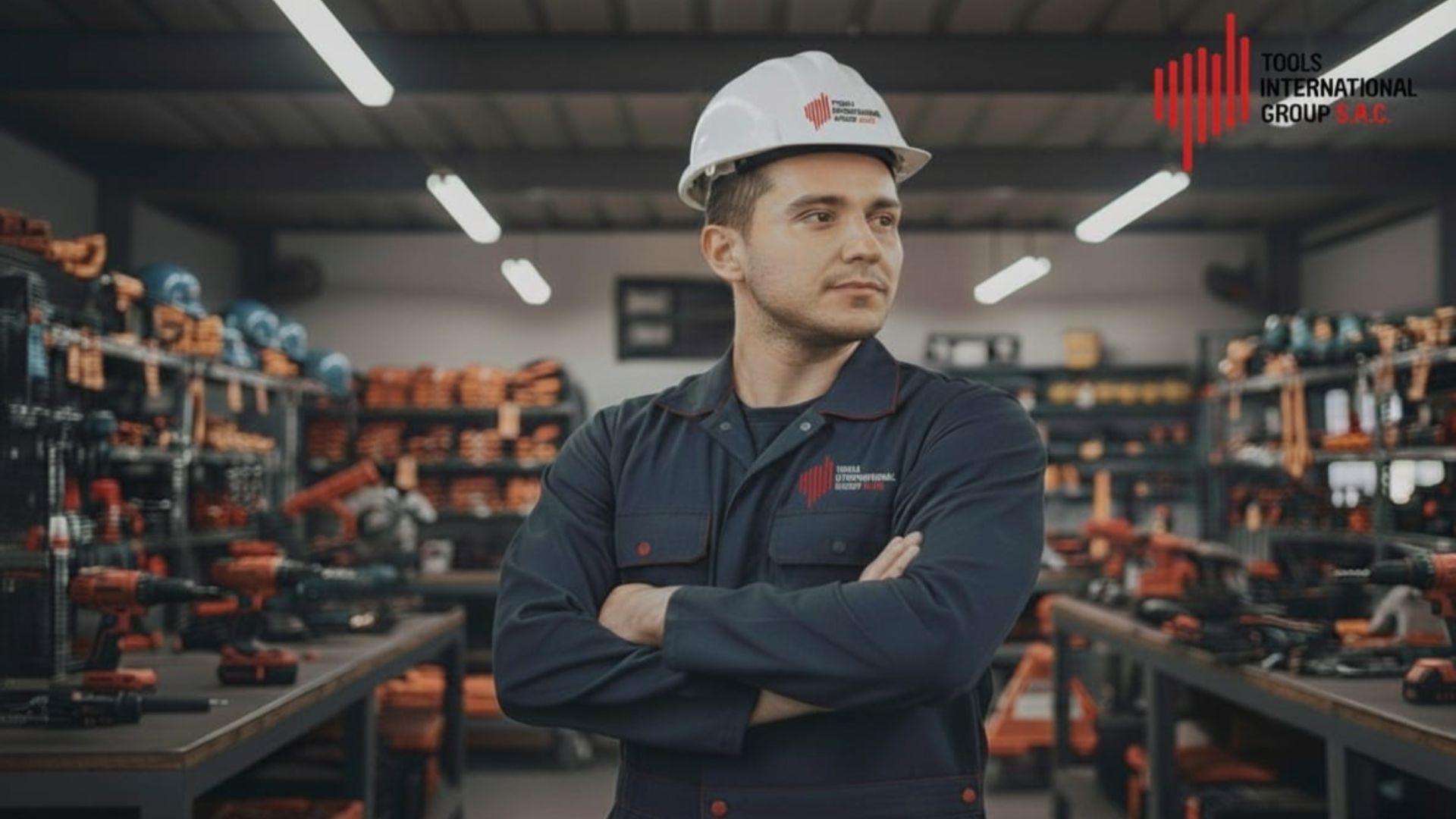 Un hombre con casco y traje de trabajo permanece de pie con los brazos cruzados en un almacén de herramientas.