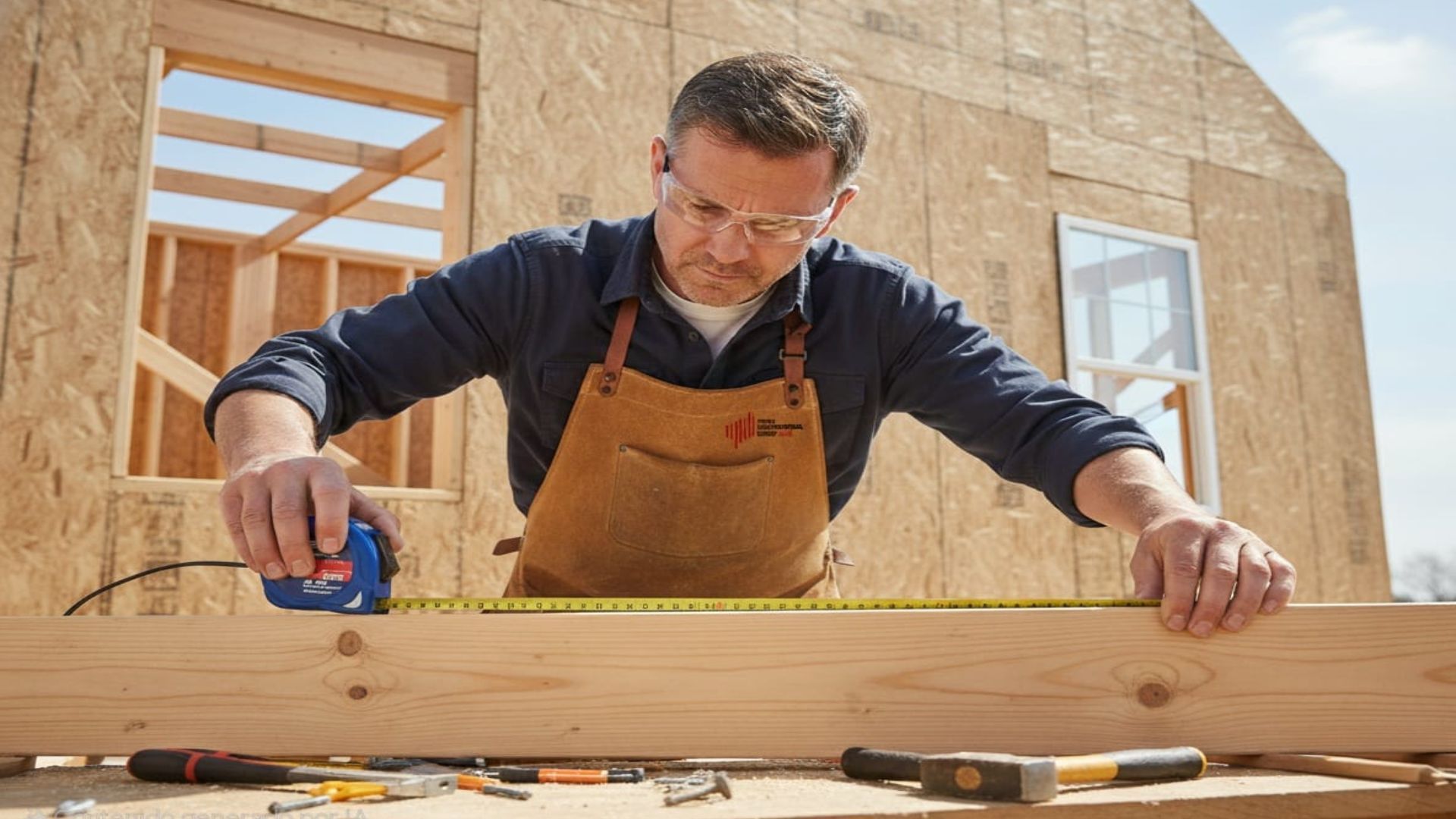 Un hombre con gafas de seguridad y delantal mide una viga de madera en una obra en construcción.