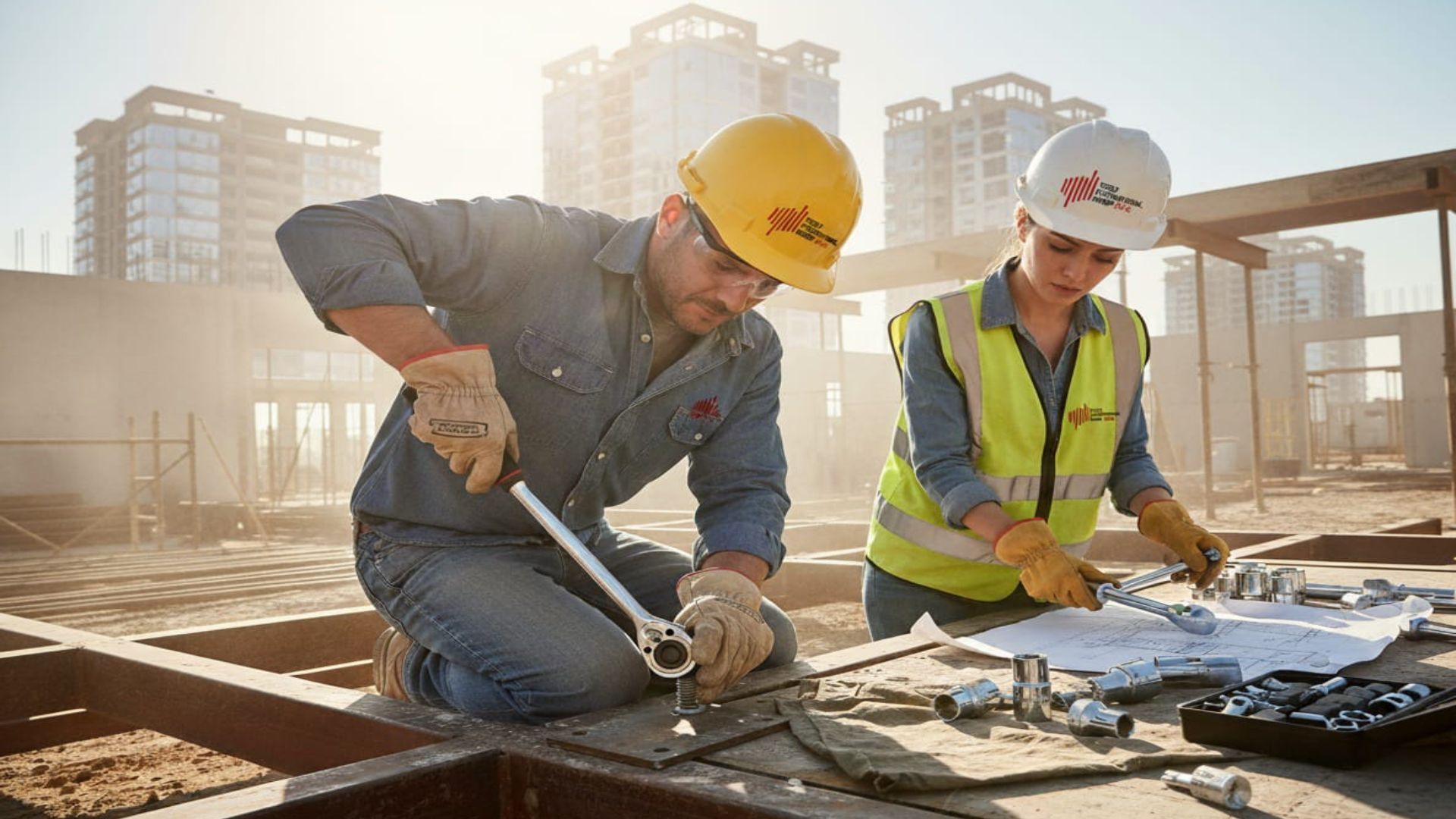 Dos obreros de la construcción con cascos trabajan en una obra, ensamblando piezas con herramientas.