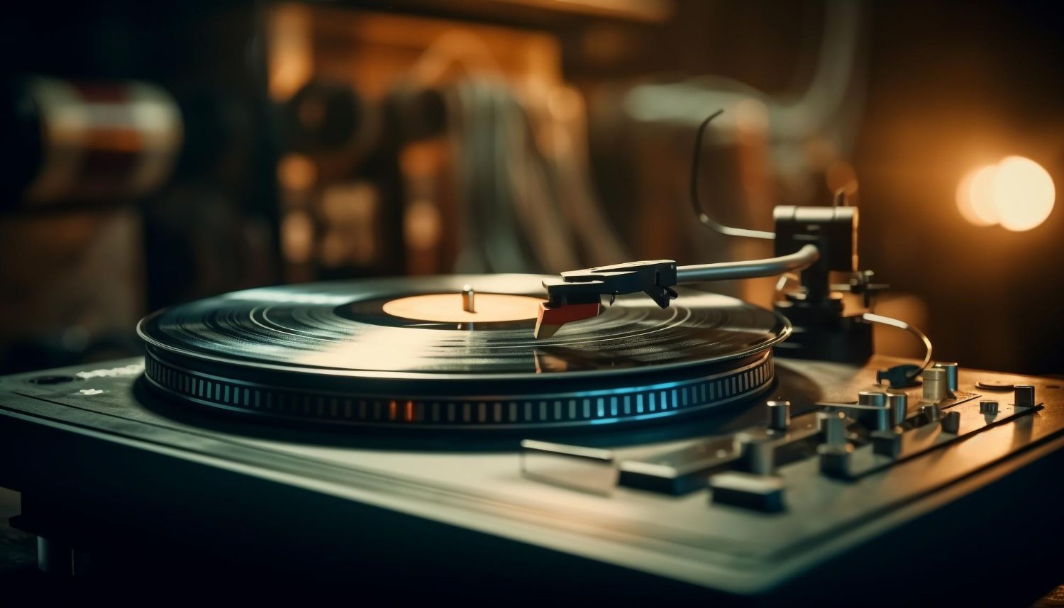 Un giradischi sta riproducendo un disco in una stanza buia.