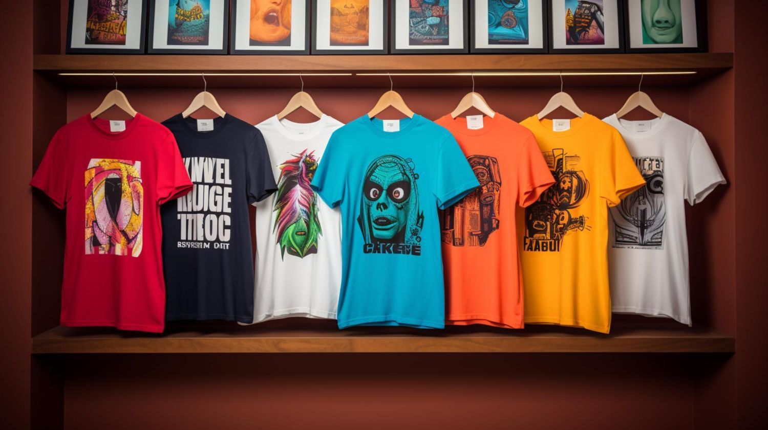 Una fila di magliette appese su uno scaffale, una delle quali dice