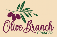 A logo for olive branch granger with purple olives on a branch