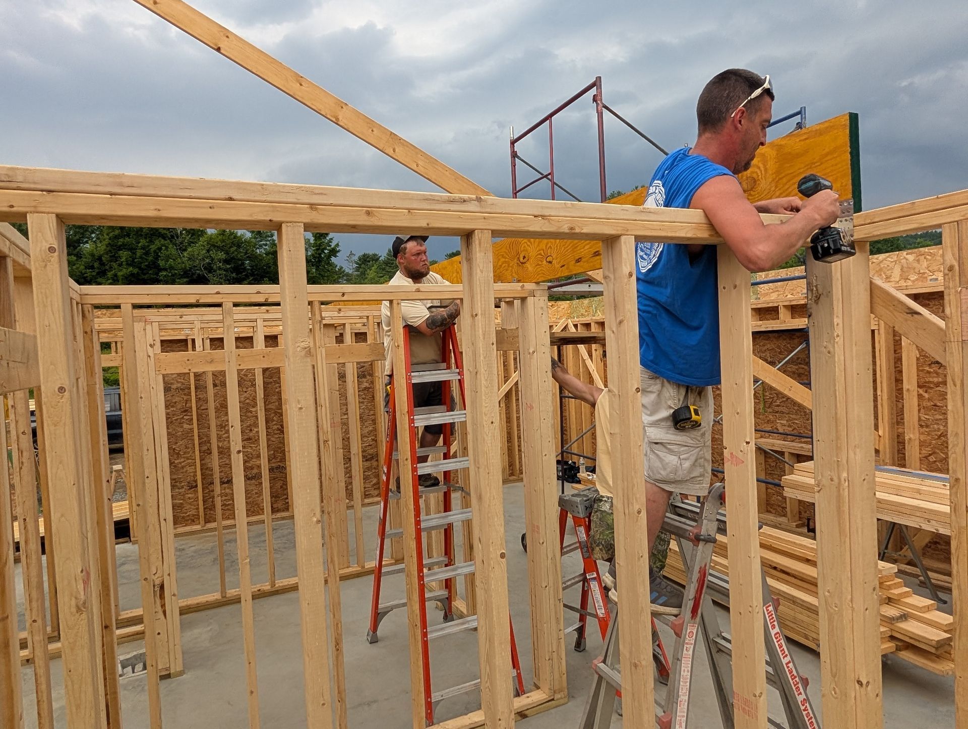 A wooden home frame under construction in Vermont