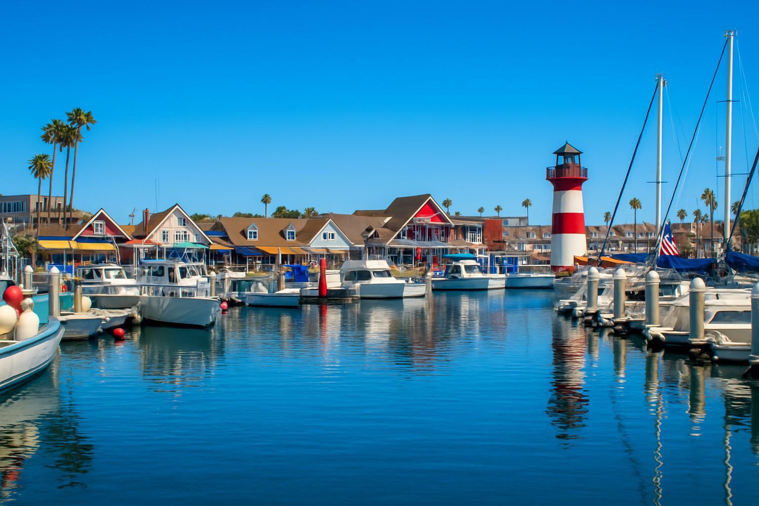 Oceanside Harbor with a view of the lighthouse & boats