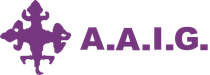 A purple logo with the words a.a.i.g. on a white background