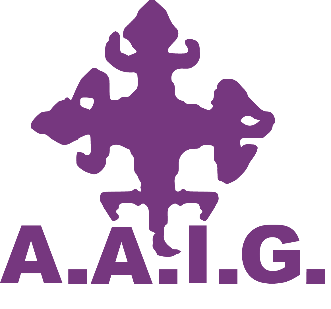 A purple cross with the words a.a.i.g. below it