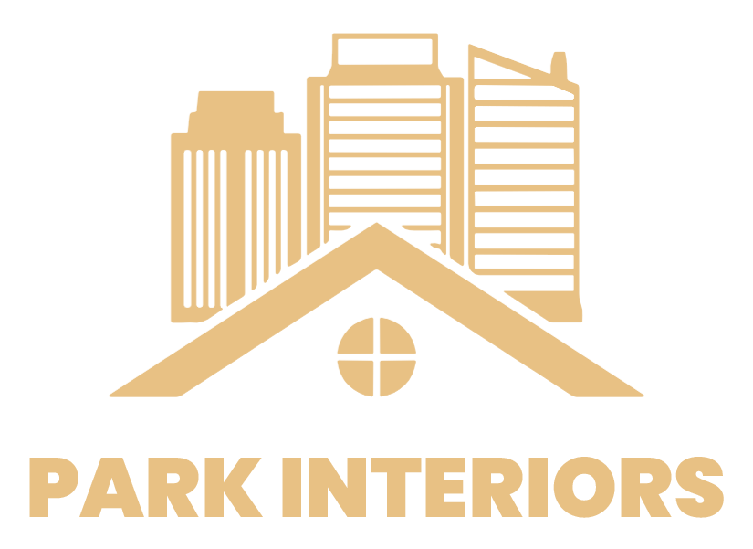 The logo for park interiors shows a house with a roof and buildings in the background.