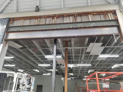 A cat is sitting on the ceiling of a building under construction.