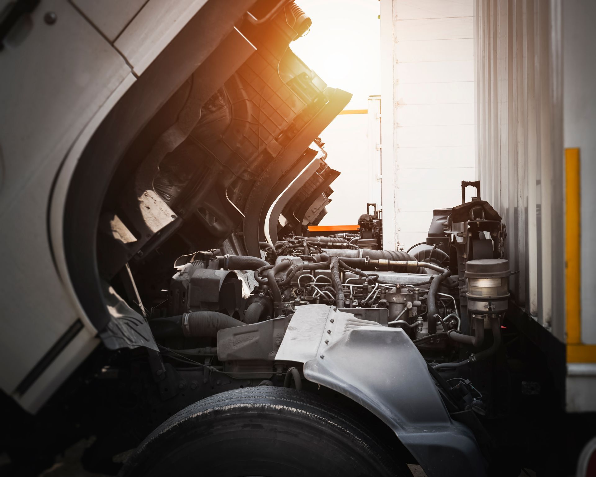 Open truck hood, revealing engine. Sunlight shines on parts.