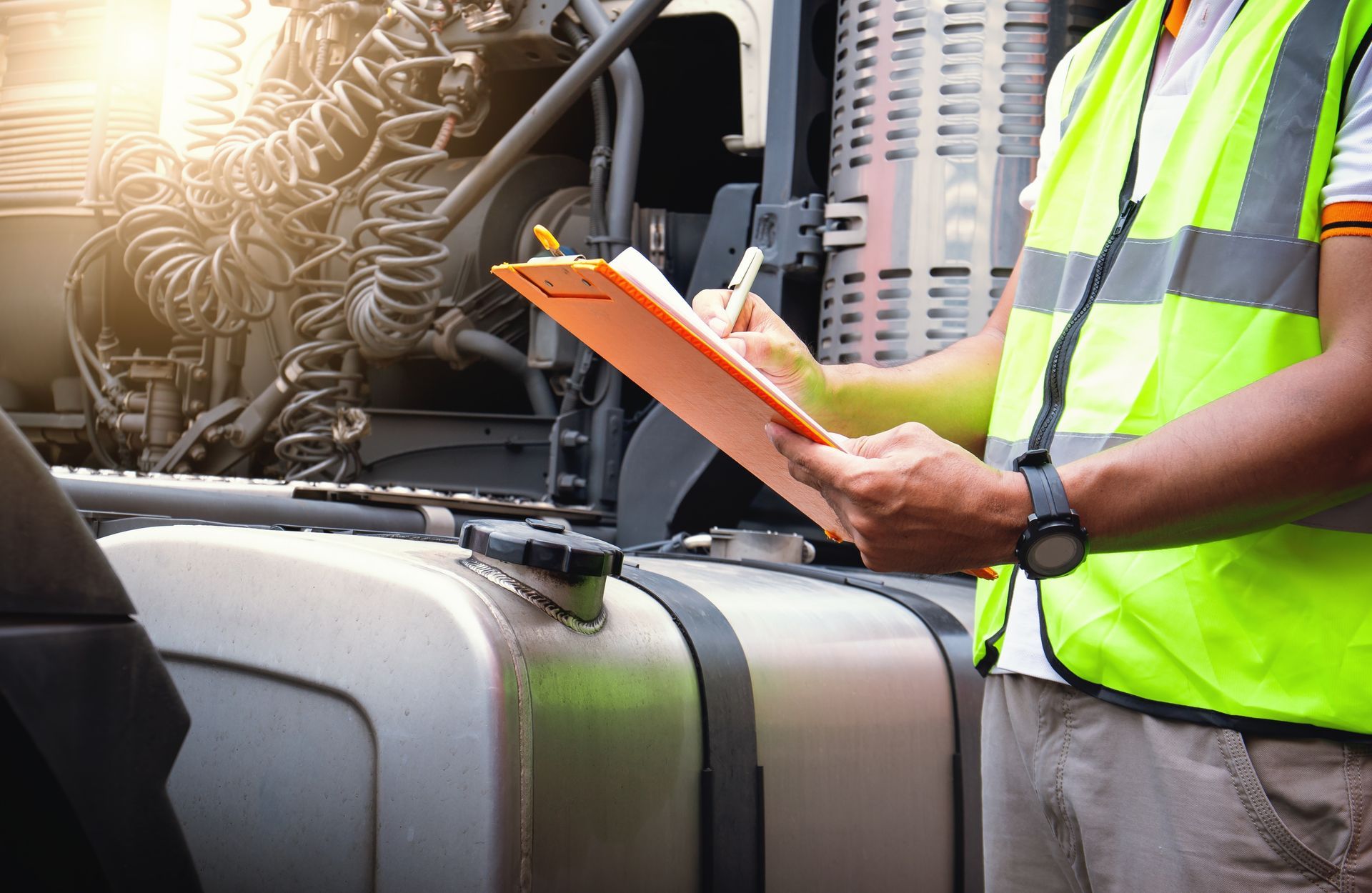 Person in a reflective vest inspecting a truck, taking notes on a clipboard in a bright setting.
