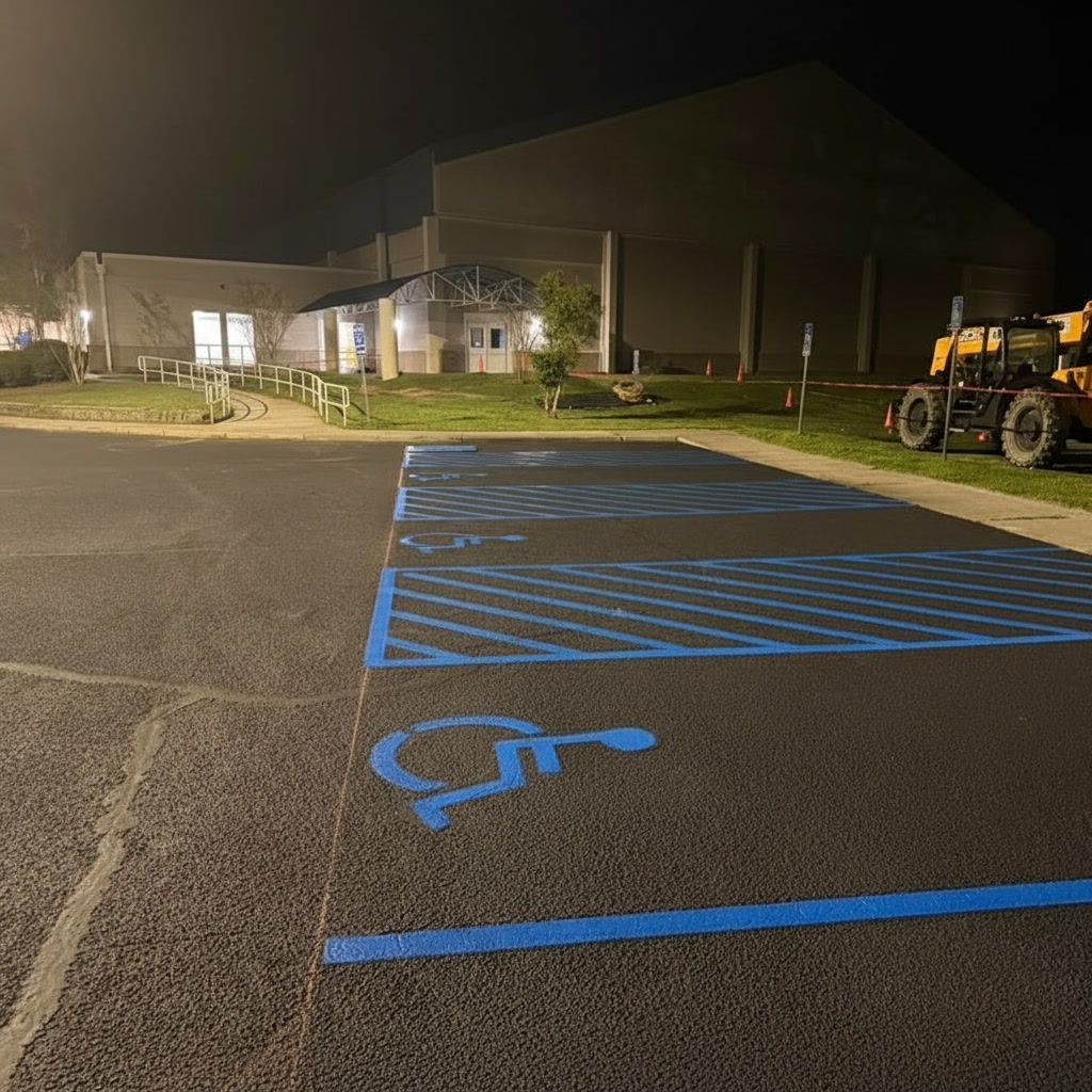 ADA handicap parking striping at night in Huntsville Alabama with blue lines and access aisle markings