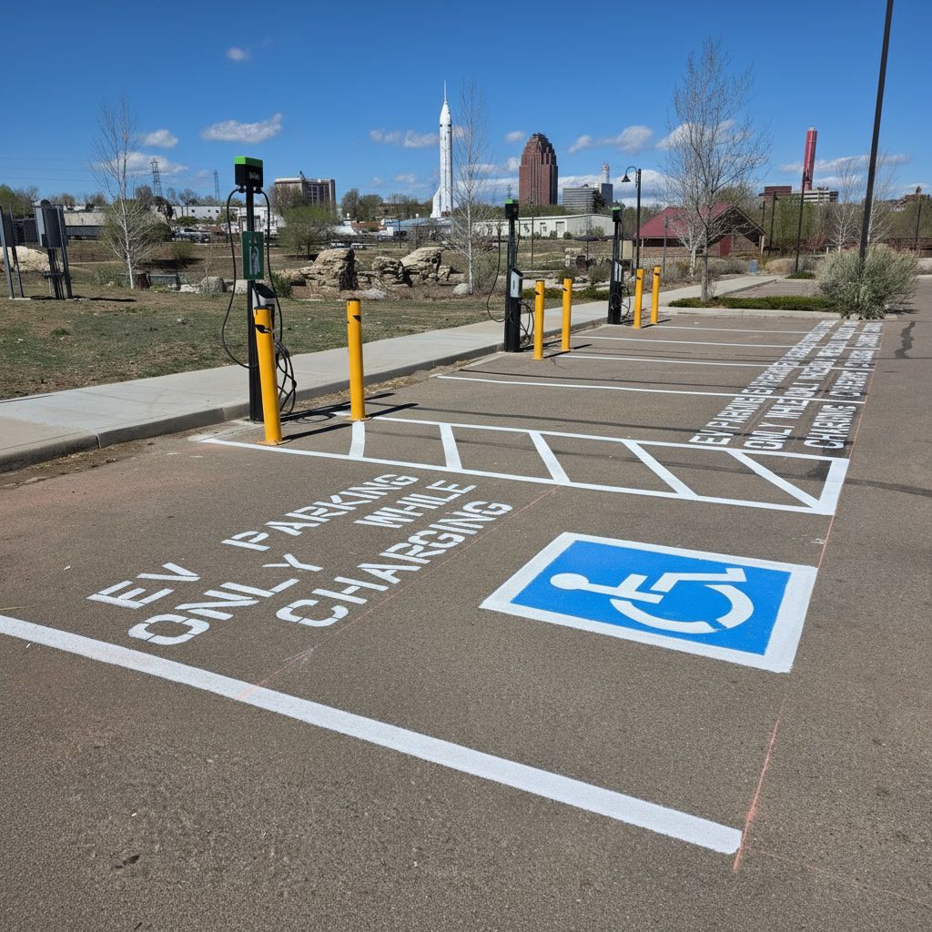 ADA handicap parking striping at night in Huntsville Alabama with blue lines near commercial building