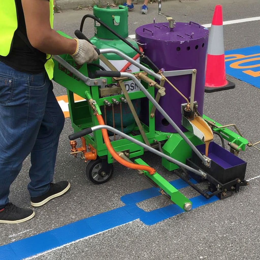 Worker using thermoplastic striping machine in Huntsville Alabama for ADA handicap parking markings