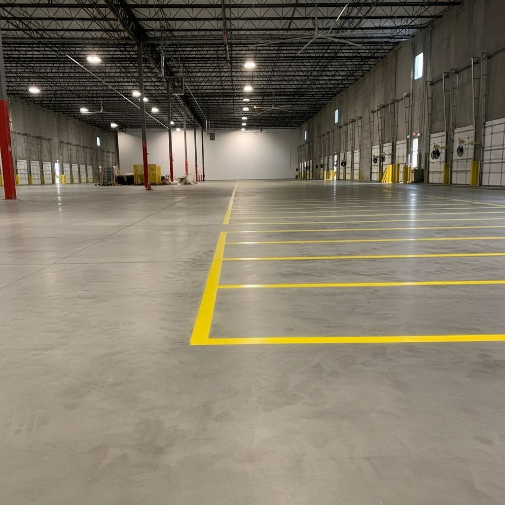 Warehouse floor striping in Huntsville Alabama with yellow safety lines for organized workflow zones