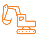 An orange excavator icon on a white background.