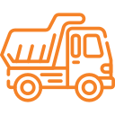 An orange dump truck icon on a white background.