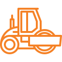 An orange icon of a road roller on a white background.