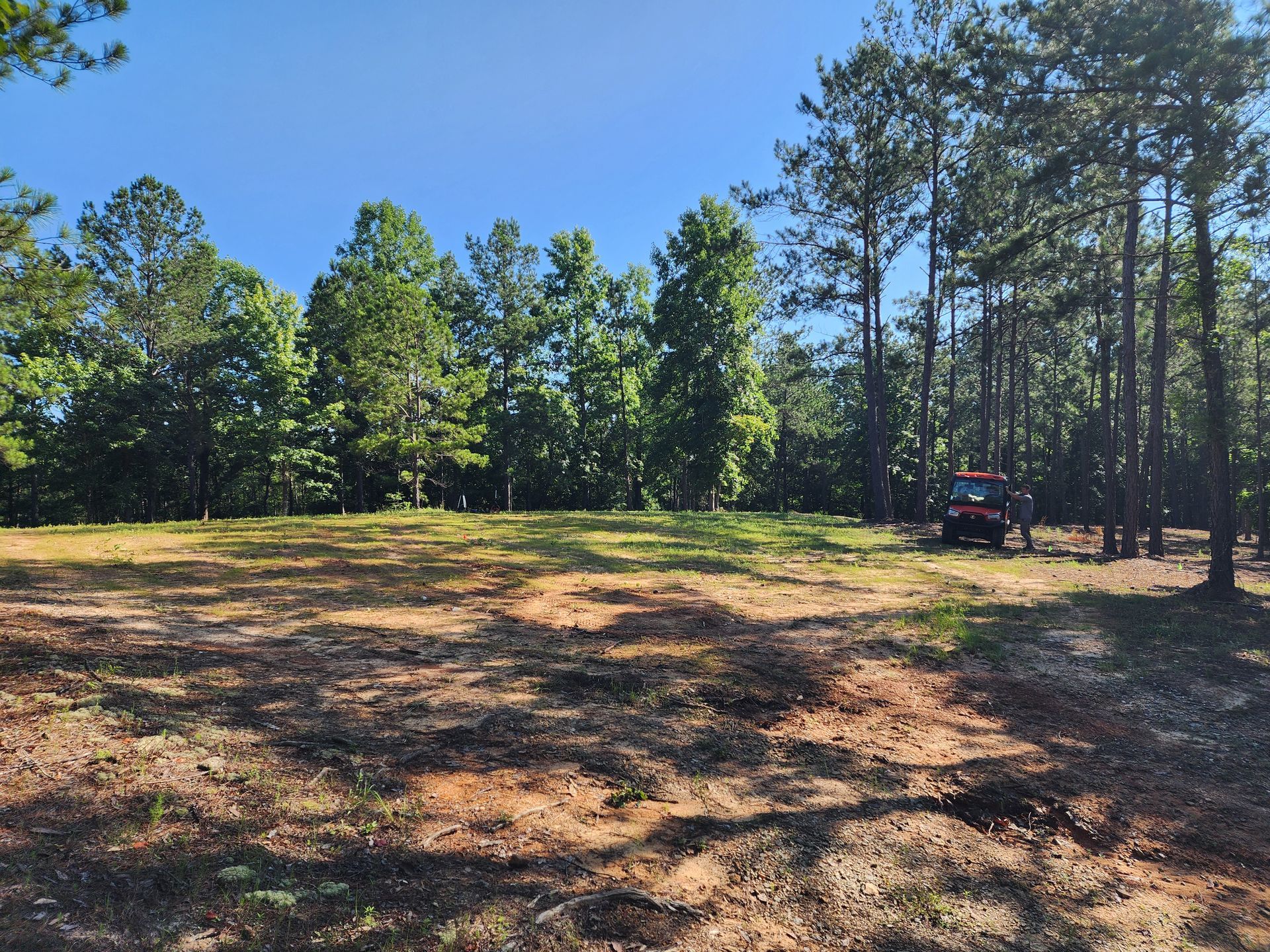 A jeep is parked in the middle of a field surrounded by trees.