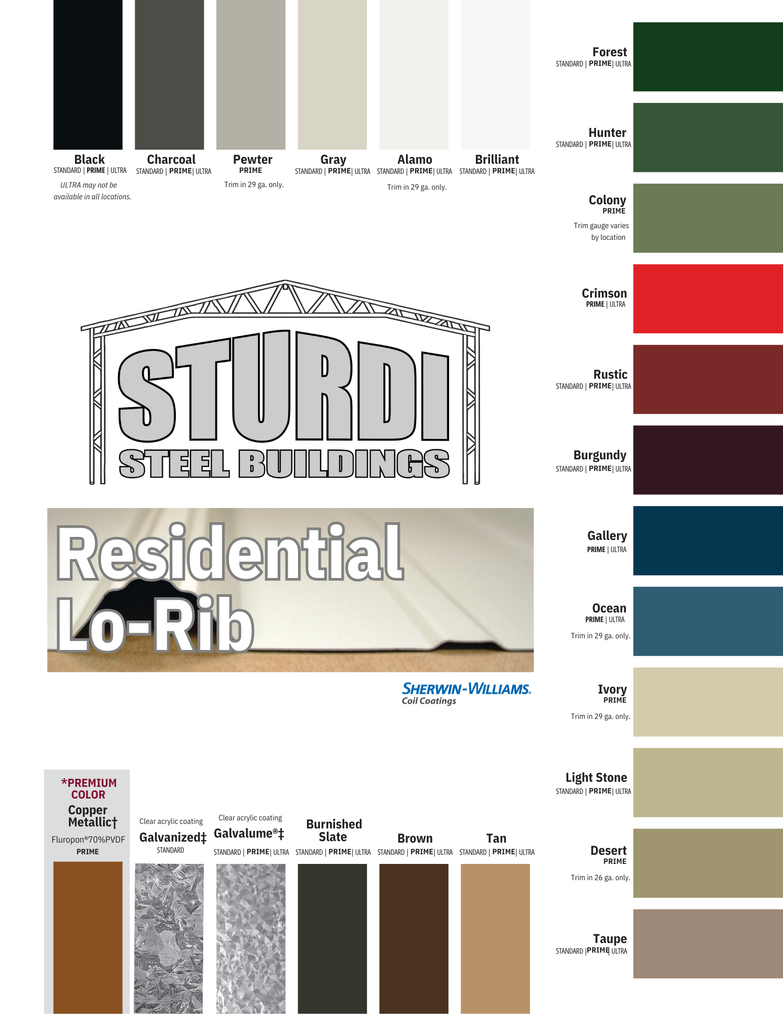 Color swatches for Sturdy Steel Buildings, including roofing and trim colors.