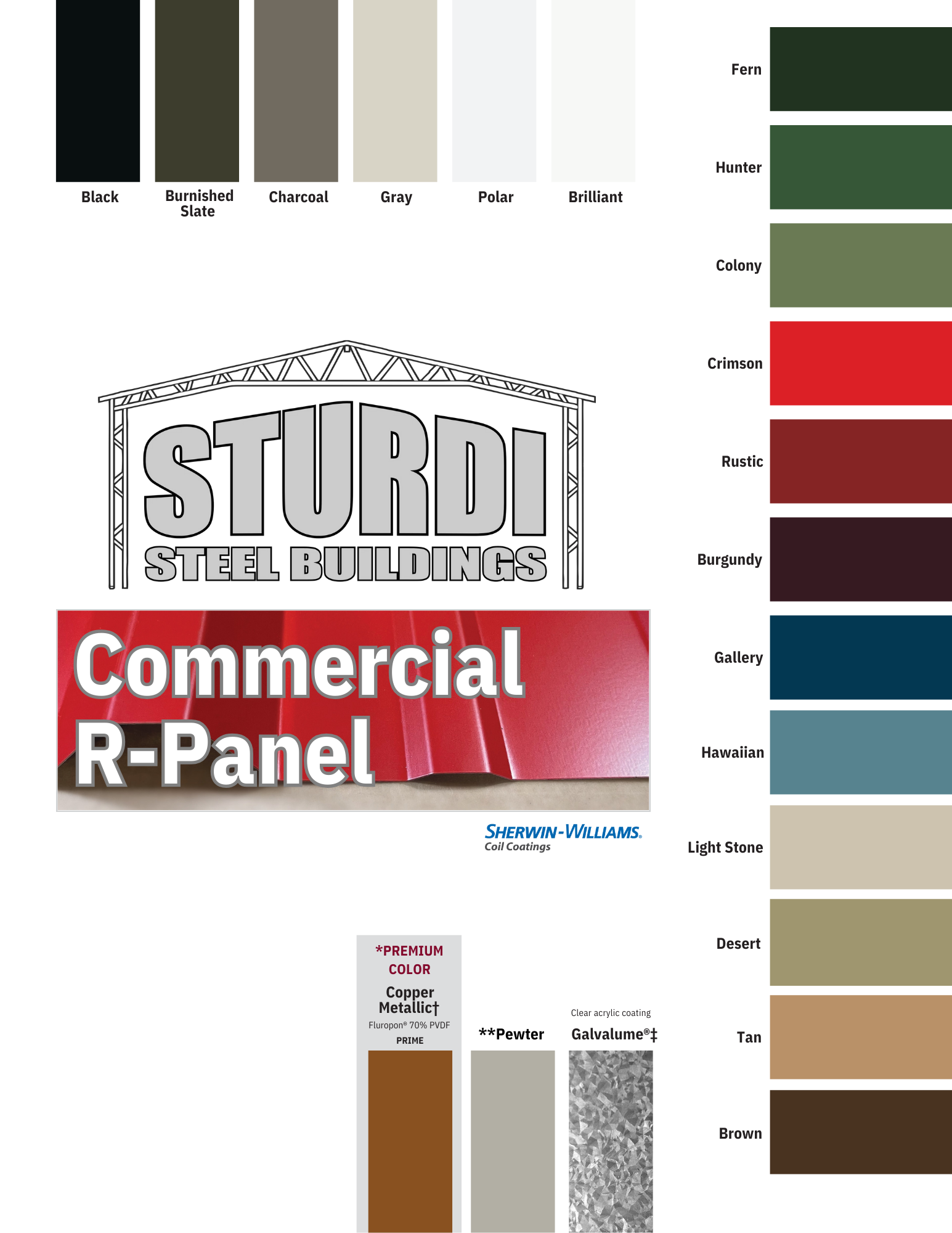 Color palette samples for Sturdi Steel Buildings, showcasing commercial R-panel options.