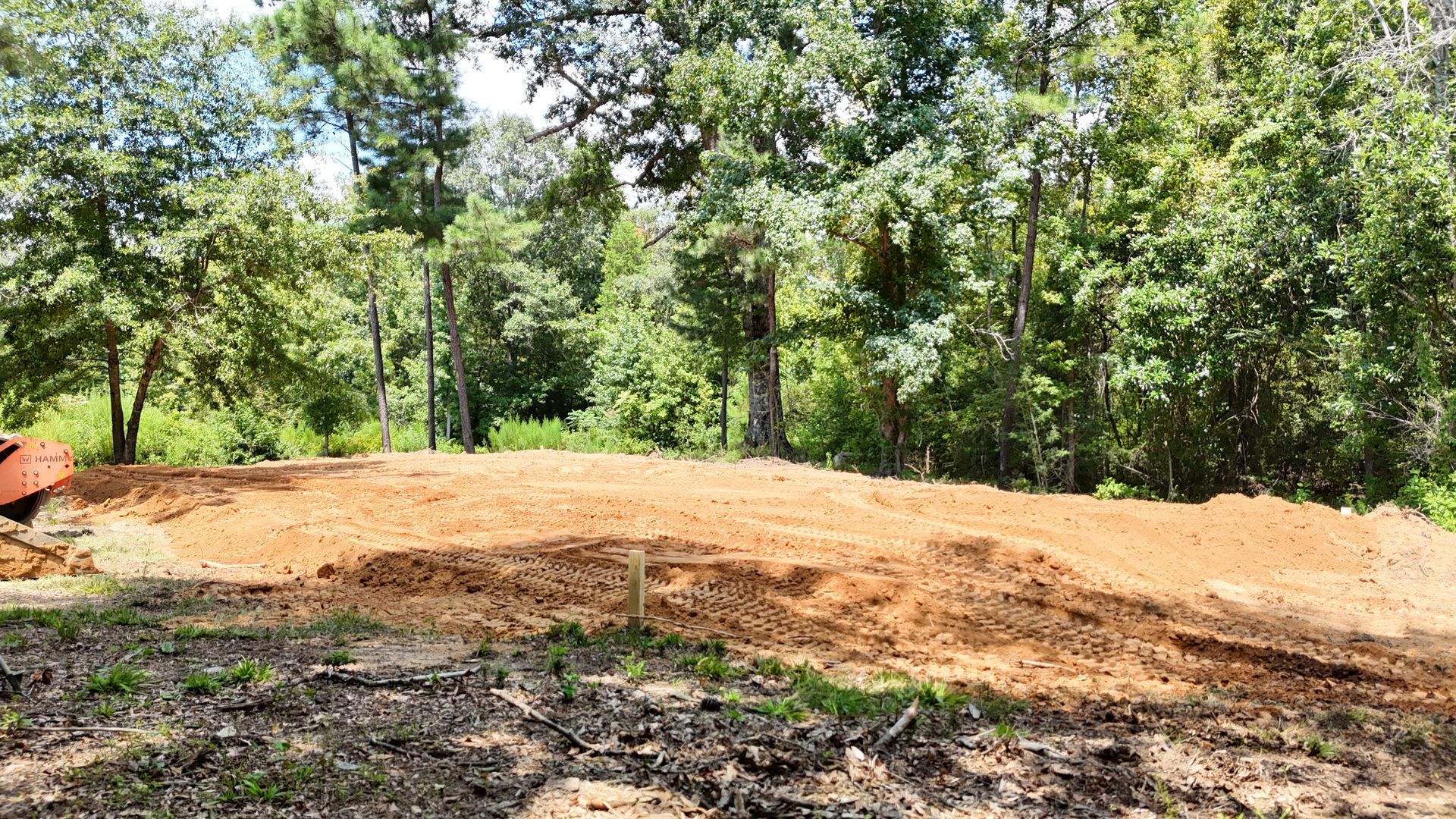 A cleared area of reddish-brown dirt in front of a backdrop of green trees.
