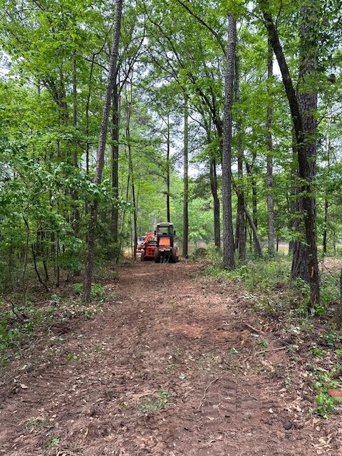A tractor is driving down a dirt road in the woods.