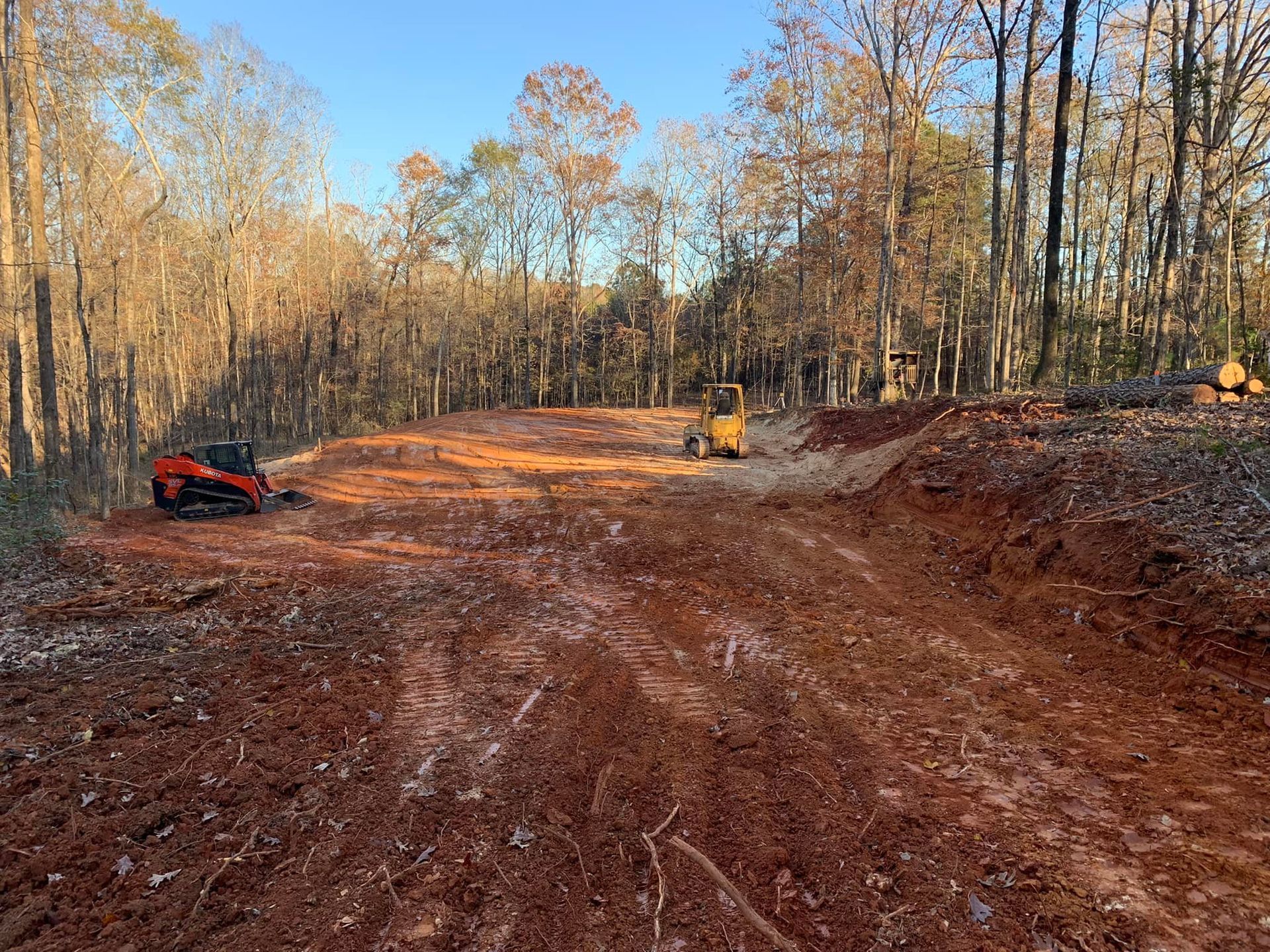 A large pile of dirt in the middle of a forest with trees in the background.