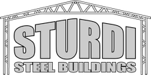 A black and white logo for sturdi steel buildings