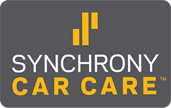 Synchrony Car Care logo on a gray background; white text, yellow accent, stylized bars.