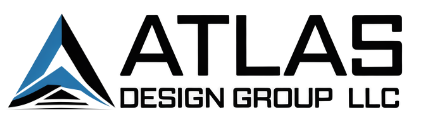 Logo for Atlas Design Group, LLC: Compass over a protractor and city skyline, encircled by text.