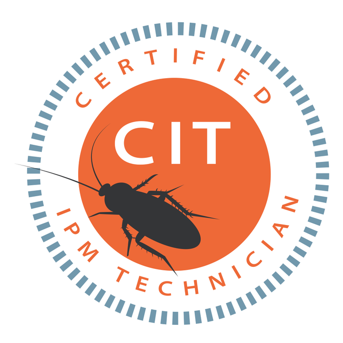 Certified IPM Technician badge with a cockroach silhouette. Orange circle with CIT text, blue border.