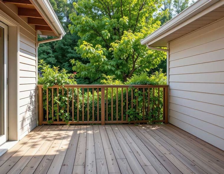 Wooden deck between two beige houses, overlooking green trees through a railing.