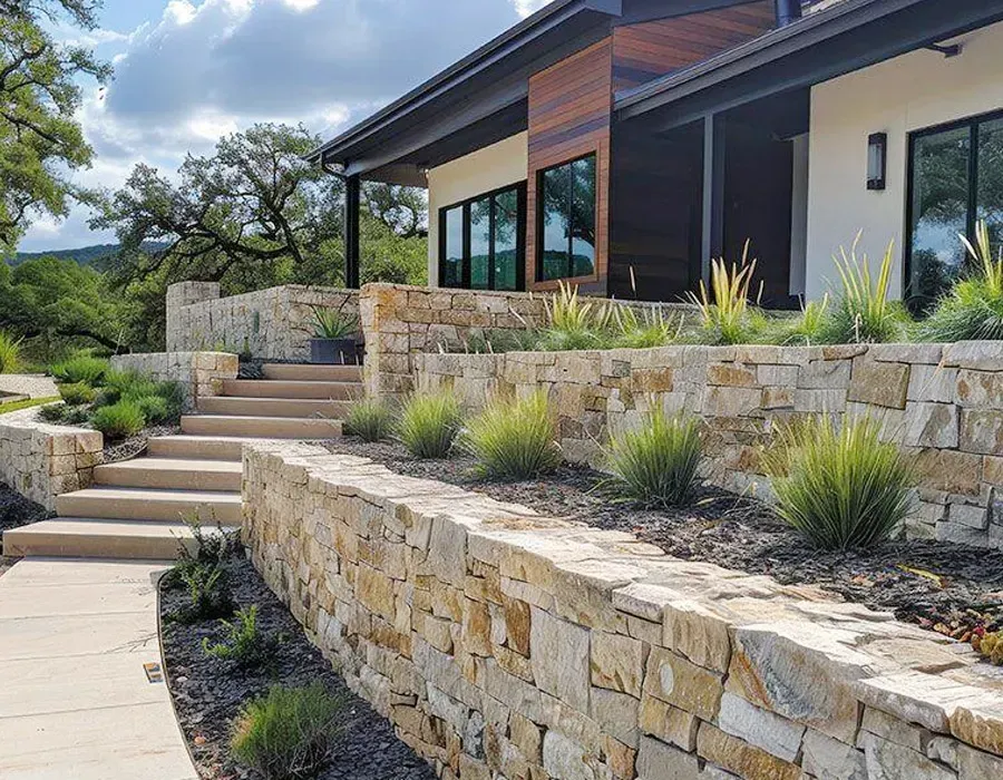 Modern home exterior with stone retaining walls, steps, and drought-tolerant landscaping under a covered patio