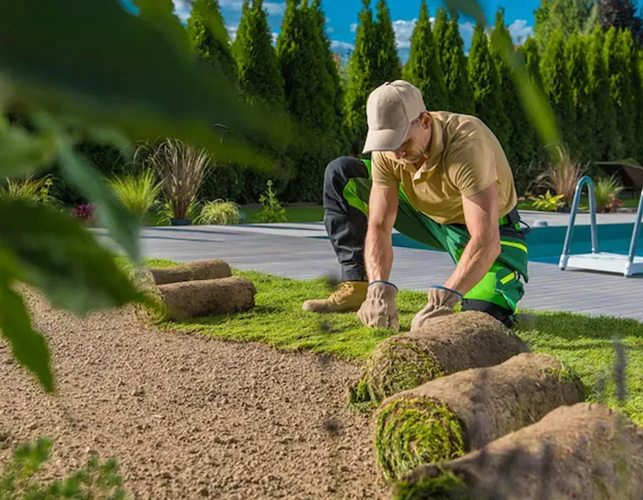 Person laying sod in a landscaped yard beside a pool, with stacked turf rolls and trees in the background