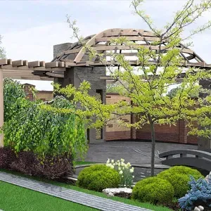 Garden patio with a wooden pergola, curved stone walls, and lush green shrubs and trees.