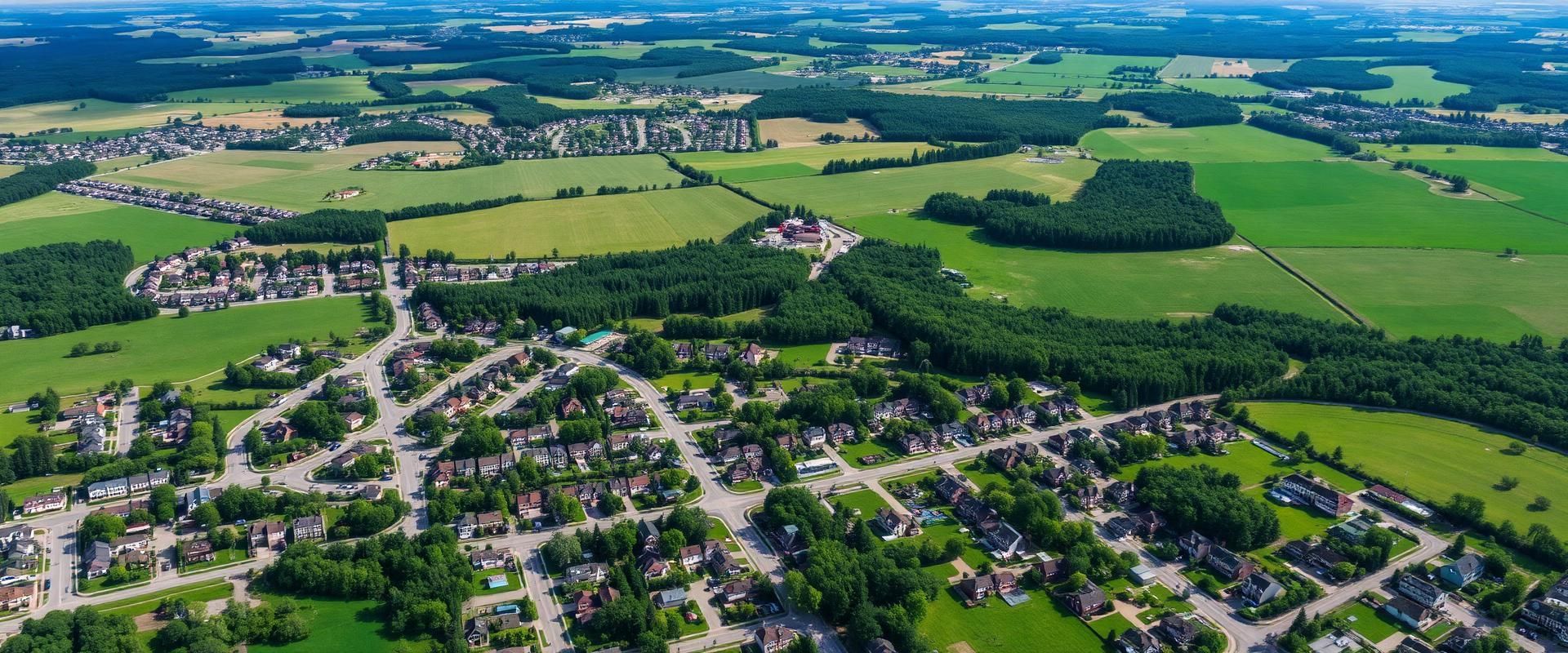 Aerial view of a small village with houses, roads, and surrounding green farmland under clear skies