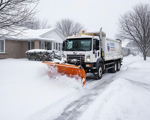 Snowplow clearing a snowy suburban street beside houses during a snowstorm