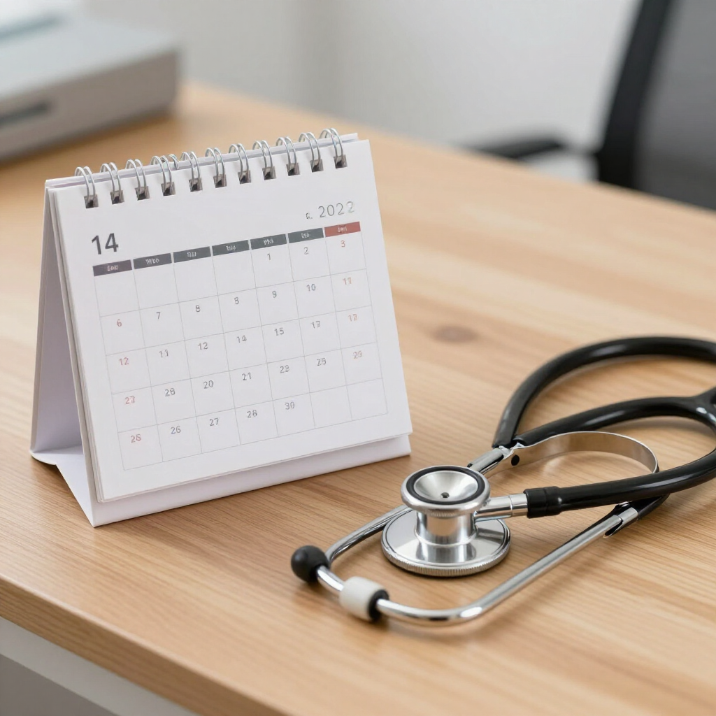 Un calendario de escritorio configurado en abril de 2023 y un estetoscopio médico apoyado sobre una superficie de madera.