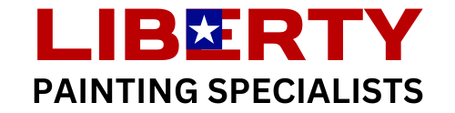 The logo for liberty painting specialists is red white and blue
