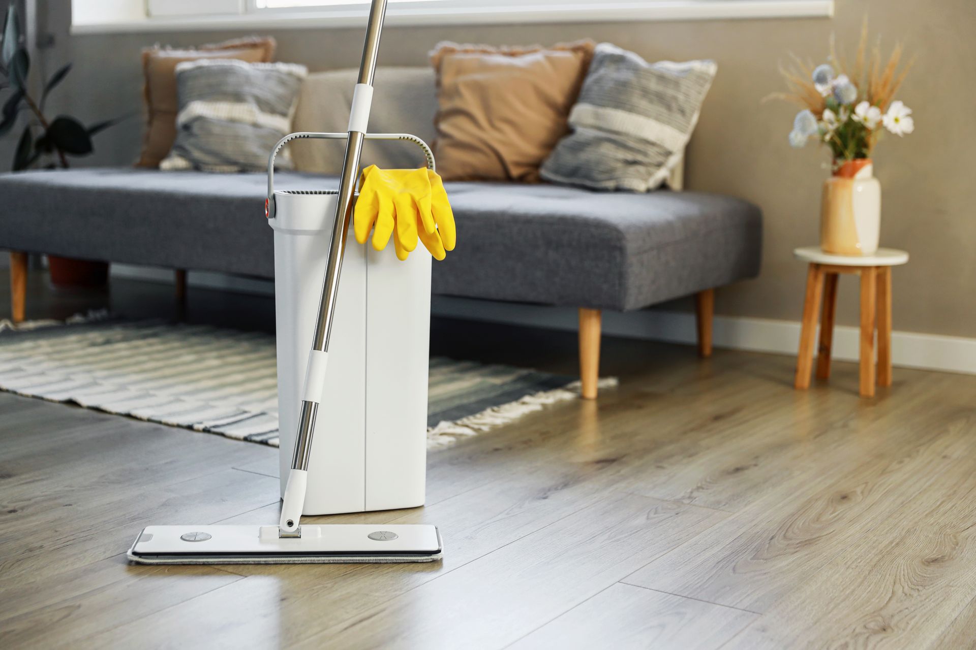 Mop in a bright living room with a gray sofa, striped rug, and side table with flowers.