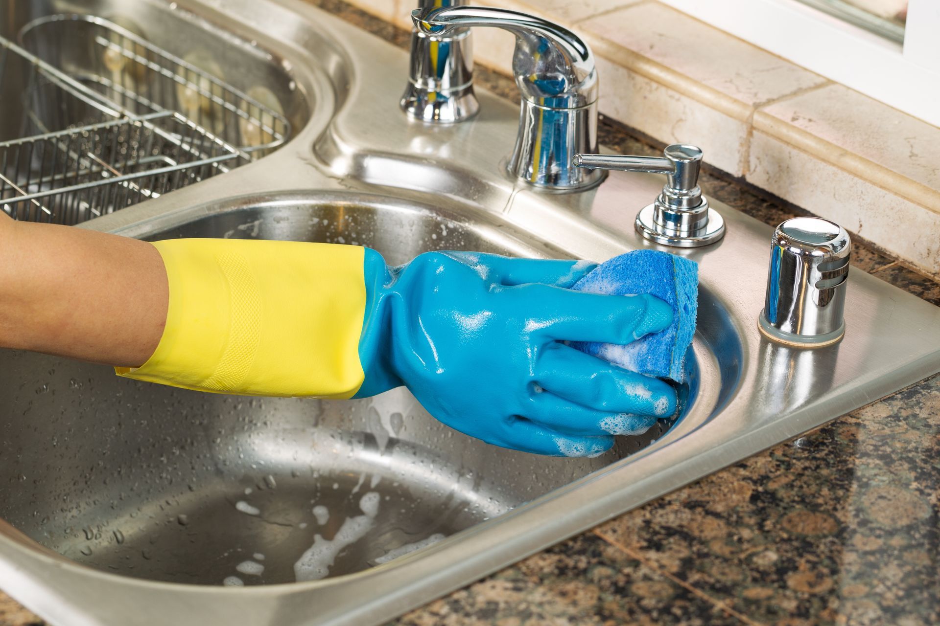 Blue-gloved hand scrubbing a stainless steel sink with soap in a kitchen