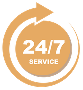 A circular tan icon featuring the white text