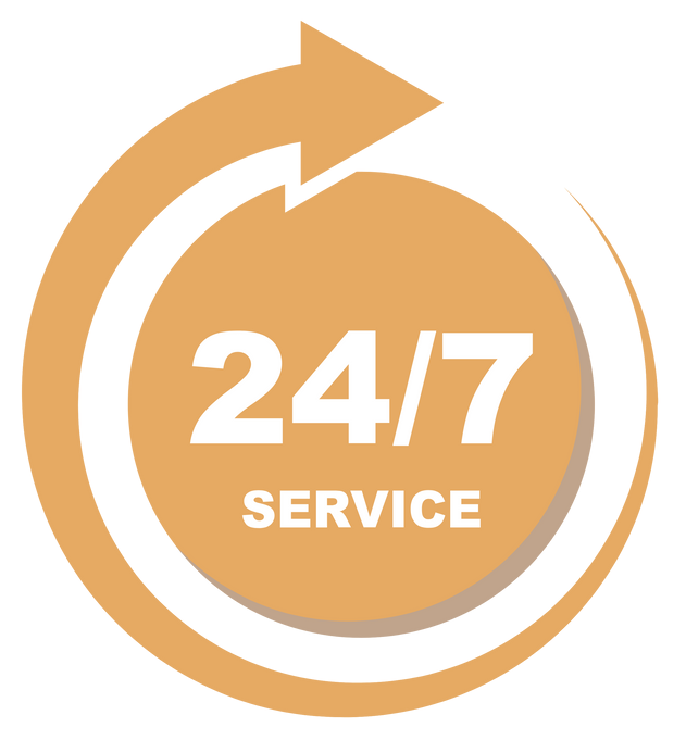 A circular tan icon featuring the white text 