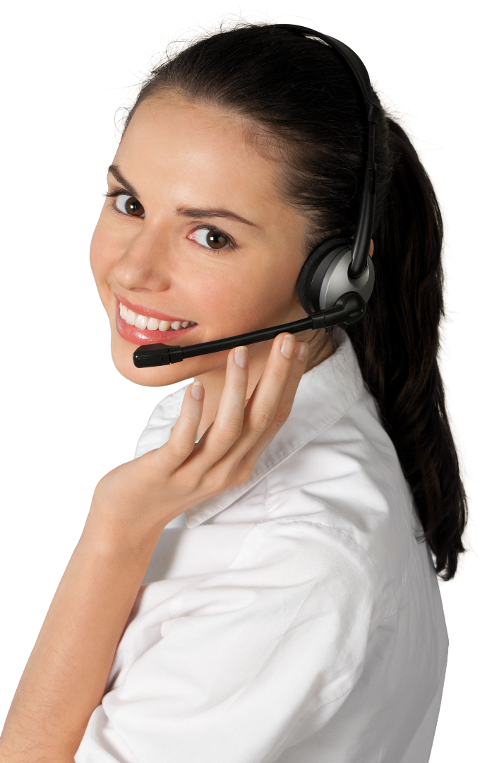 Woman with headset smiling, looking over shoulder, white shirt.
