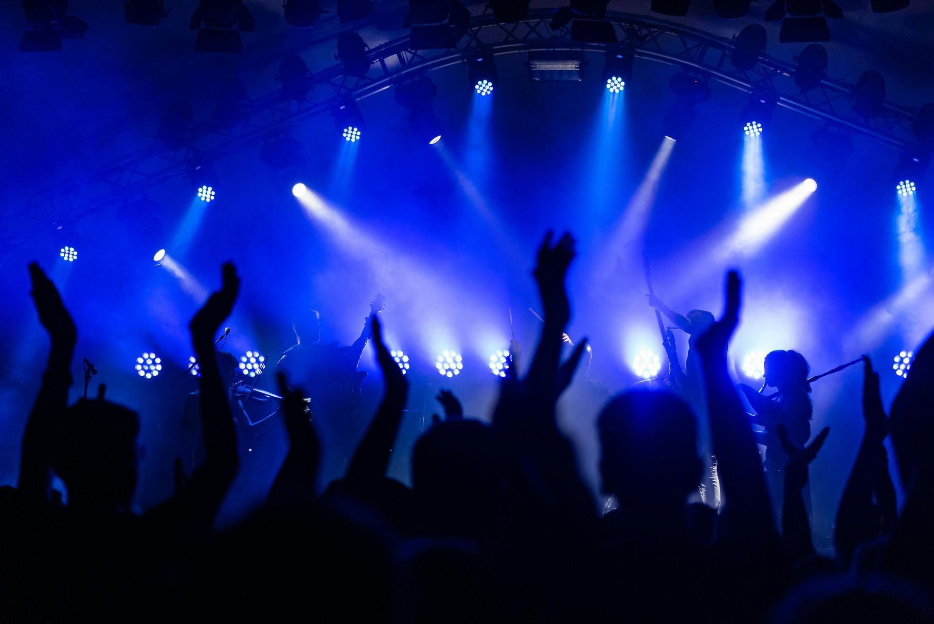 A crowd of people at a concert with their hands in the air